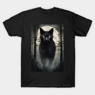 Black Cat in the Foggy Forest Vintage Art T-Shirt